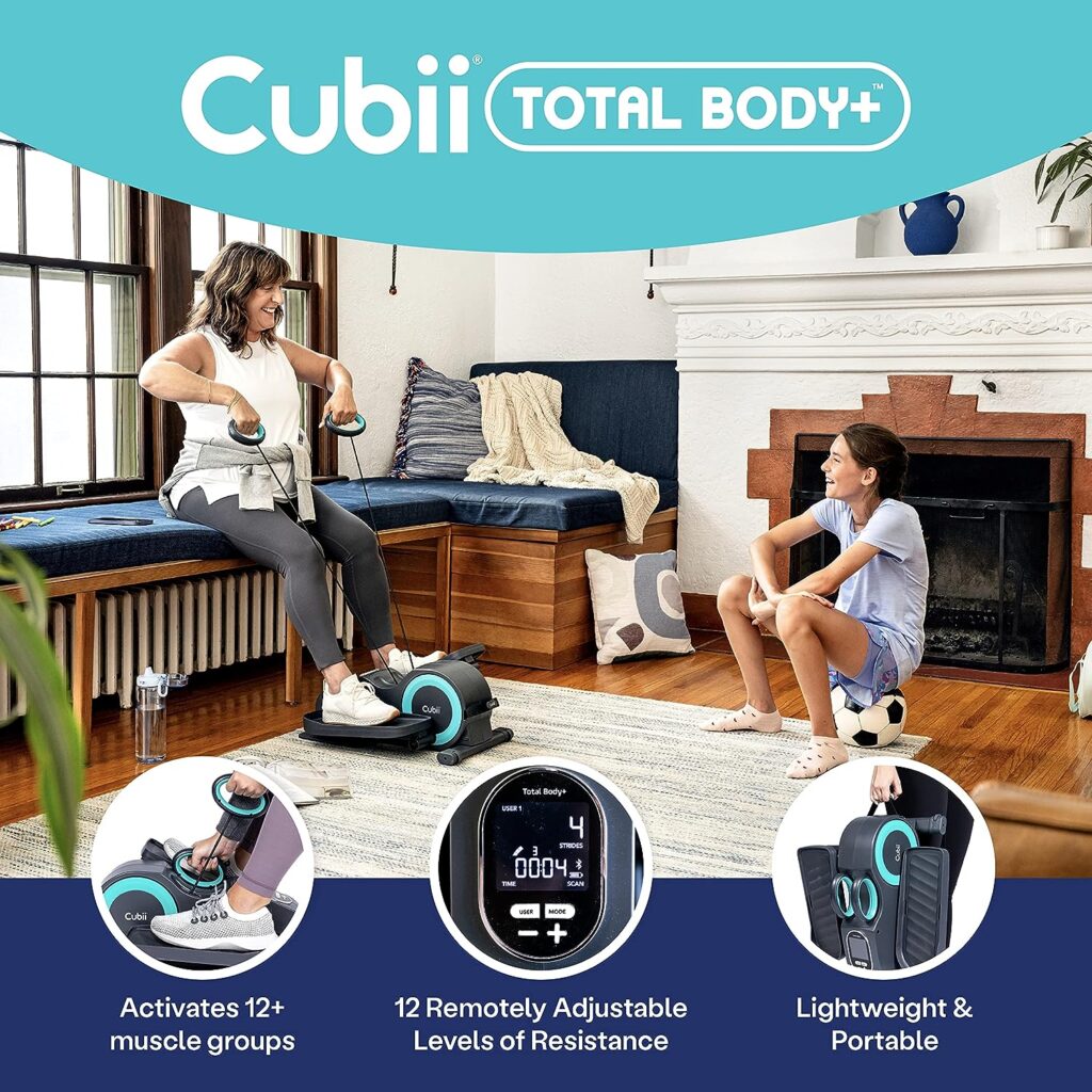 Cubii Total Body, Under Desk Elliptical w/Resistance Bands, Bike Pedal, 12 Levels, Bluetooth Sync, Rowing Machine, Seated, Work from Home Fitness, Mini Elliptical Machines, Exerciser for Seniors