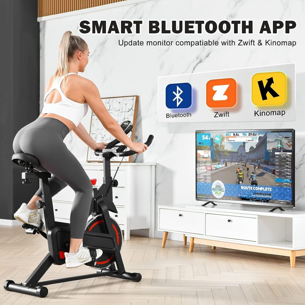LIJIUJIA Exercise Bike, Stationary Indoor Cycling Bike for Home, Smart Bluetooth Spin bike LCD Monitor  Ipad Holder for Cardio Workout Cycle Bike Fitness Machine with Knee Pads