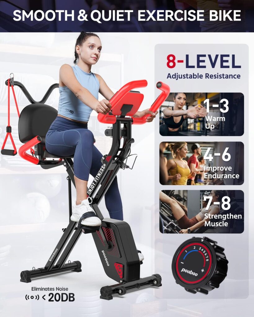 pooboo Folding Exercise Bike, Foldable Fitness Stationary Bike Machine, Upright Indoor Cycling Bike, Magnetic X-Bike with 8-Level Adjustable Resistance, Bottle Holder  Back Support Cushion for Home Gym Workout