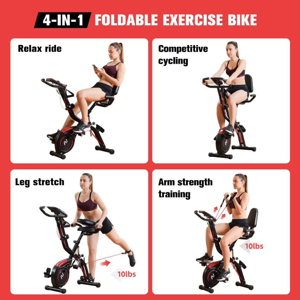 SINUODE Folding Exercise Bike with Arm  Leg Workout, 4-in-1 Recumbent Exercise Bike for Home, Stationary Bike for Seniors, with 16-Level Magnetic Resistance, 330LB Capacity
