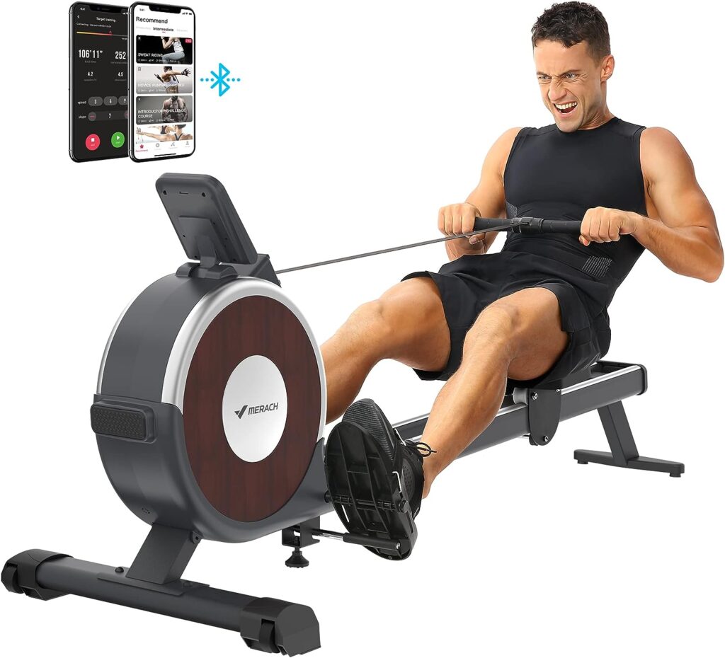 Rowing Machine, MERACH Bluetooth Magnetic Rower Machine with Dual Slide Rail, 16 Levels of Quiet Resistance, Max 350lb Weight Capacity, App Compatible, Rowing Machines for Home Use