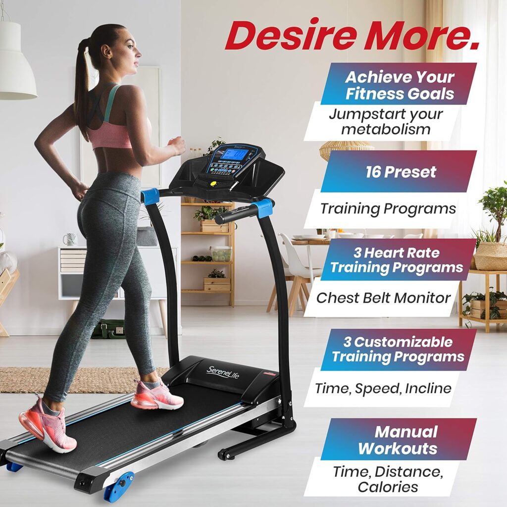 SereneLife Smart Digital Manual Incline Treadmill - Slim Folding Electric 2.5 HP Indoor Home Foldable Fitness Exercise Running Machine with Downloadable App, MP3 Player, Safety Key -SLFTRD25