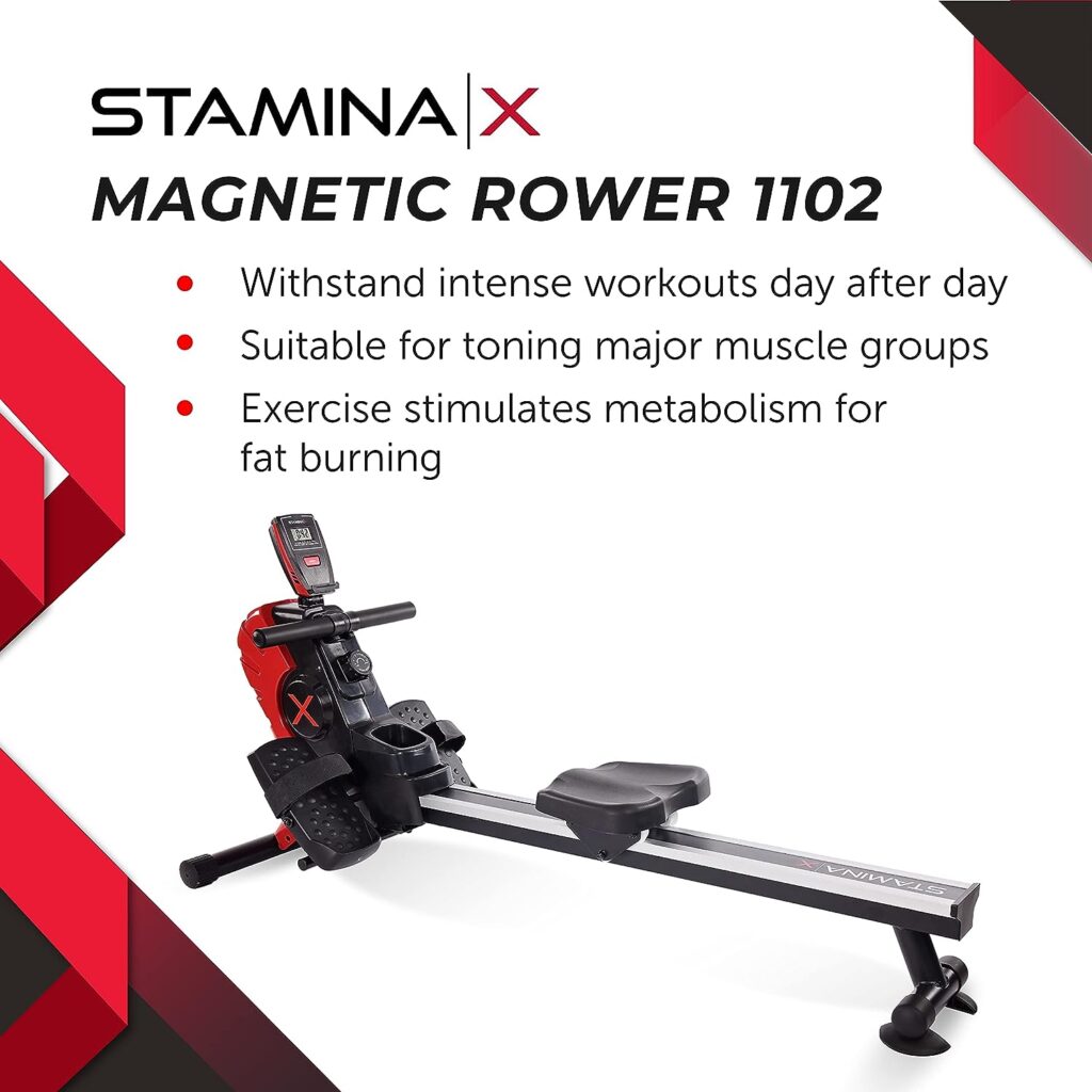 Stamina Magnetic Rower - Rower Machine with Smart Workout App - Rowing Machine with Magnetic Resistance for Home Gym Fitness - Up to 250 lbs Weight Capacity