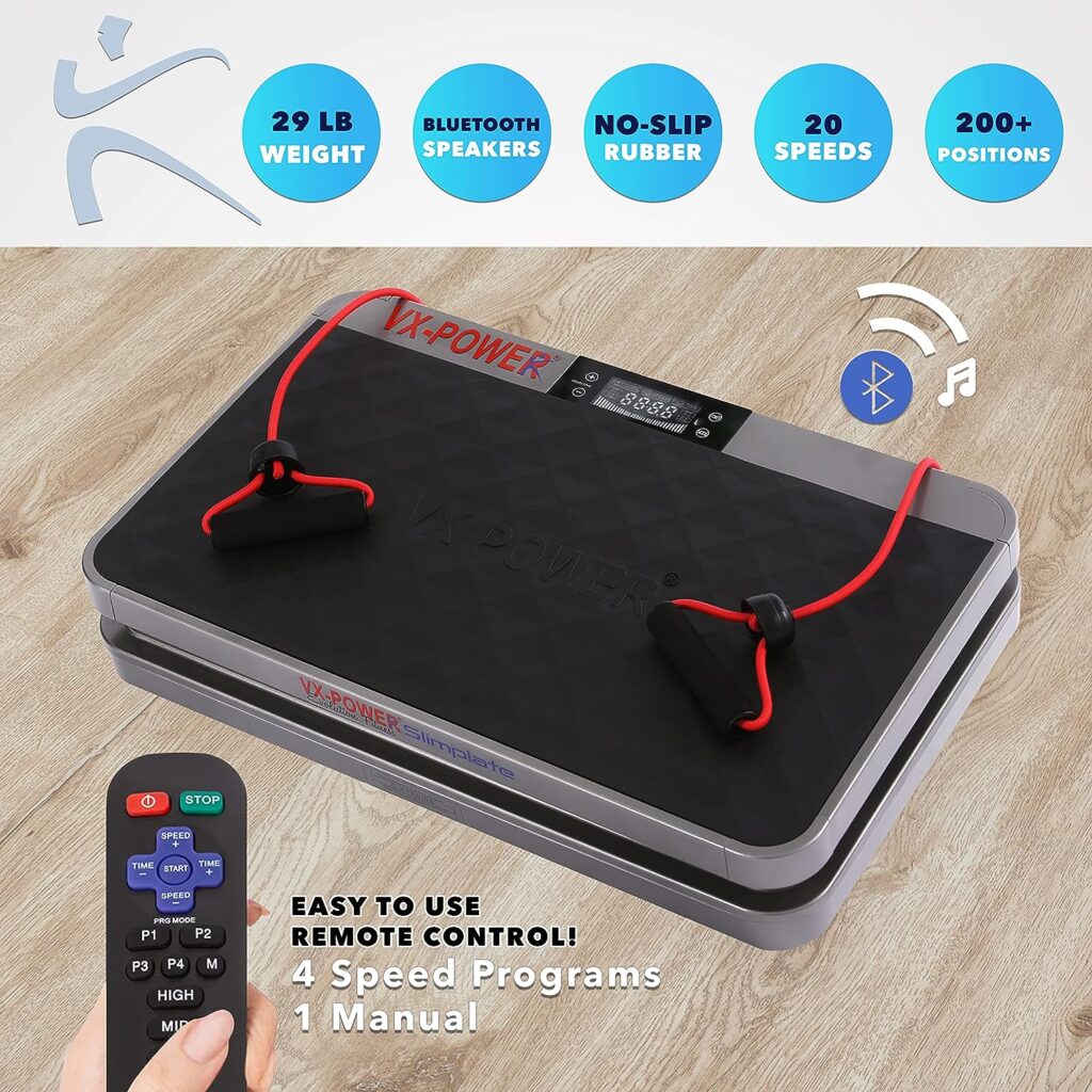 VX-Power Slimplate Digital - Vibration Plate Whole Body Oscillating Vibration Platform Exercise Machine w/ Resistance Bands for Home Cardio, Shaping, Toning  Fitness, Bluetooth Speakers