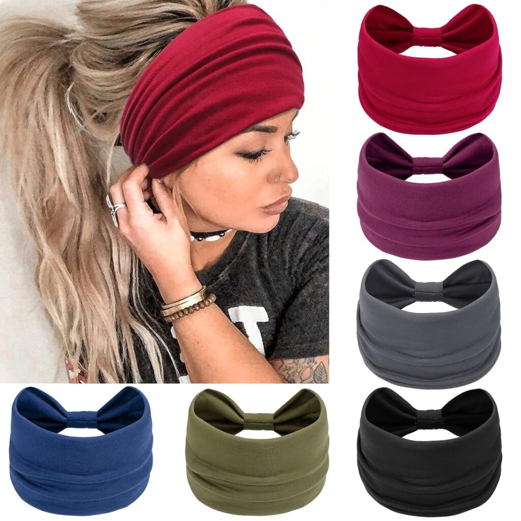 AWUMBUK Wide Headbands for Women Knotted No Slip Head Bands Soft Turban Headband Hair Accessories Boho African Solid Color Head Wraps for Women Yoga Workout Pack of 6(Classic)