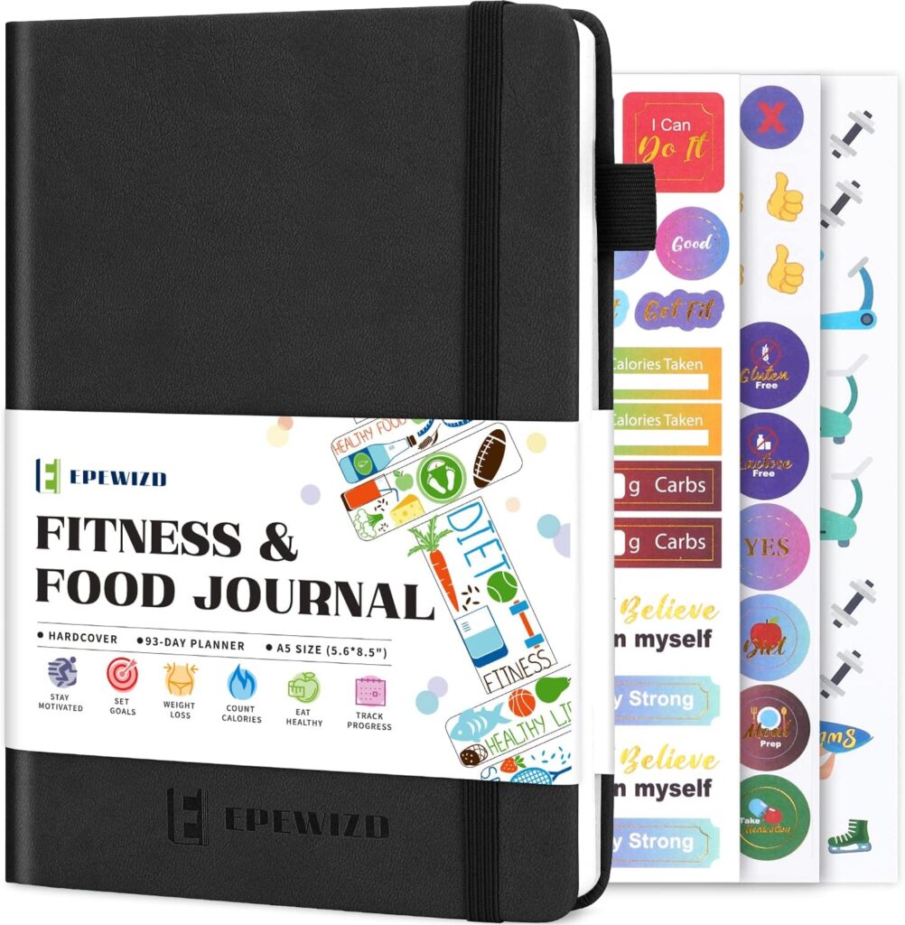 EPEWIZD Food and Fitness Journal Hardcover Wellness Planner Workout Journal for Women Men to Track Meal and Exercise Count Calories Weight Loss Diet Training Weight Loss Tracker Undated Home and Gym Accessories (3 Month)-Black