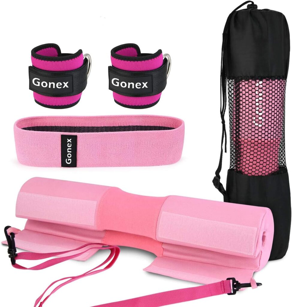 Gonex Barbell Pad Set for Squats Hip Thrusts Upgraded Bar Neck Pads Workout Foam Weightlifting Cushion with 2 Gym Ankle Straps Hip Resistance Band Fits Standard Olympic Bars with a Carry Bag