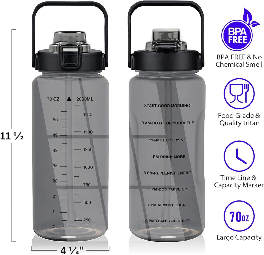 Half Gallon Water Bottle With Sleeve 64oz (2L) Inspirational Water Bottle With Straw and Time Stamp, Drinkable Leak-Proof Tritan BPA-Free Bottle, Large Water Jug for Daily Hydration, Sports Bottles