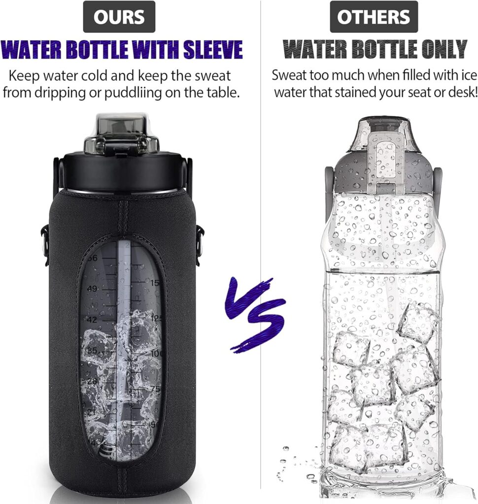 Half Gallon Water Bottle With Sleeve 64oz (2L) Inspirational Water Bottle With Straw and Time Stamp, Drinkable Leak-Proof Tritan BPA-Free Bottle, Large Water Jug for Daily Hydration, Sports Bottles