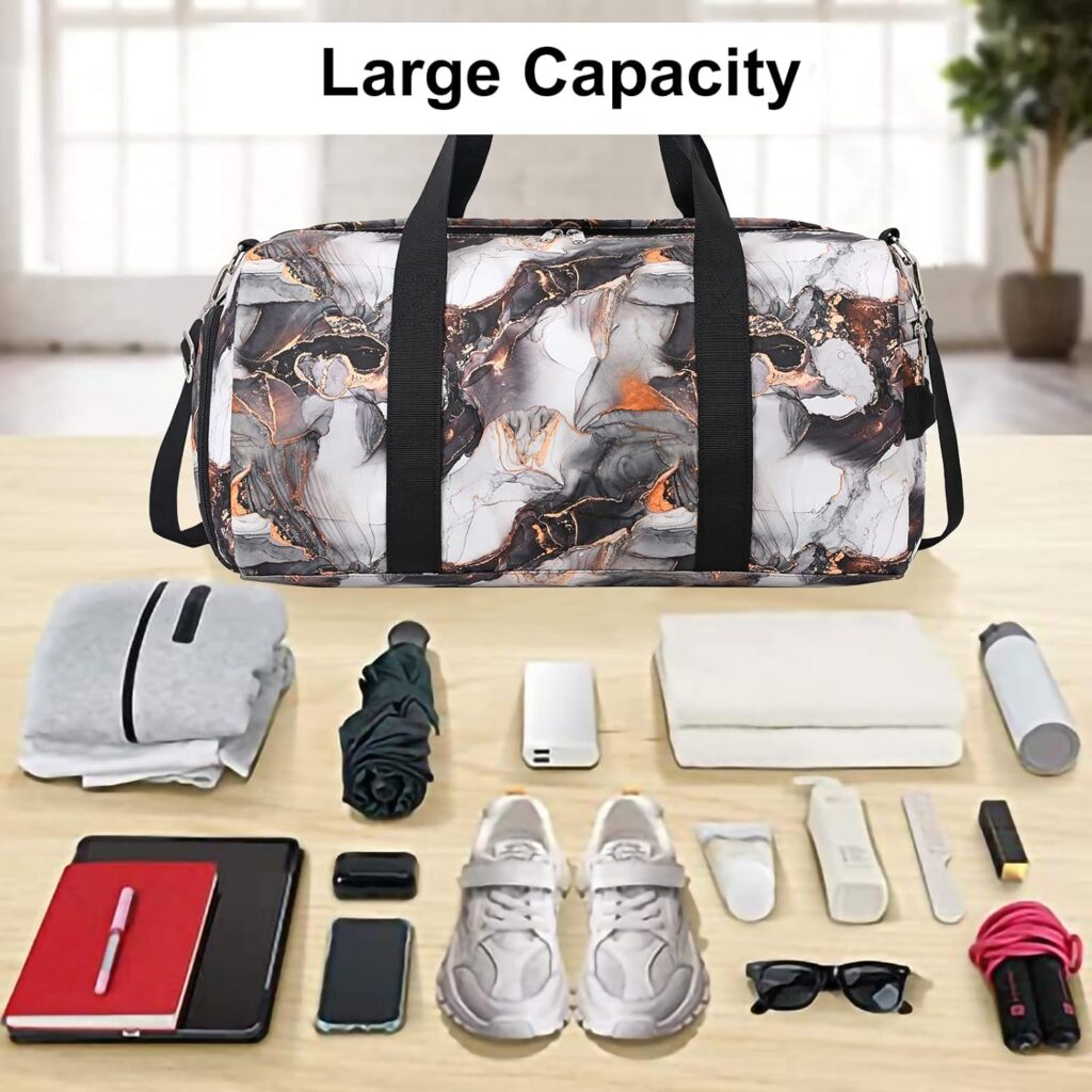 Sport Gym Duffle Travel Bag for Men Women Duffel with Shoe Compartment, Wet Pocket (Marble-White) 19.7x9.5x9.9