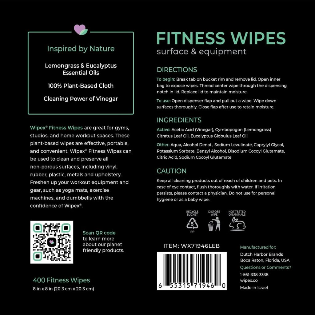 Wipex Gym Wipes Fitness Equipment Wipes, Plant-Based Cloth - Lemongrass, Eucalyptus and Vinegar Wipes to Clean Surfaces, Safe Yoga Mat Cleaner Wipes, All Purpose Gym Cleaner  Peloton Wipes, 400 Count